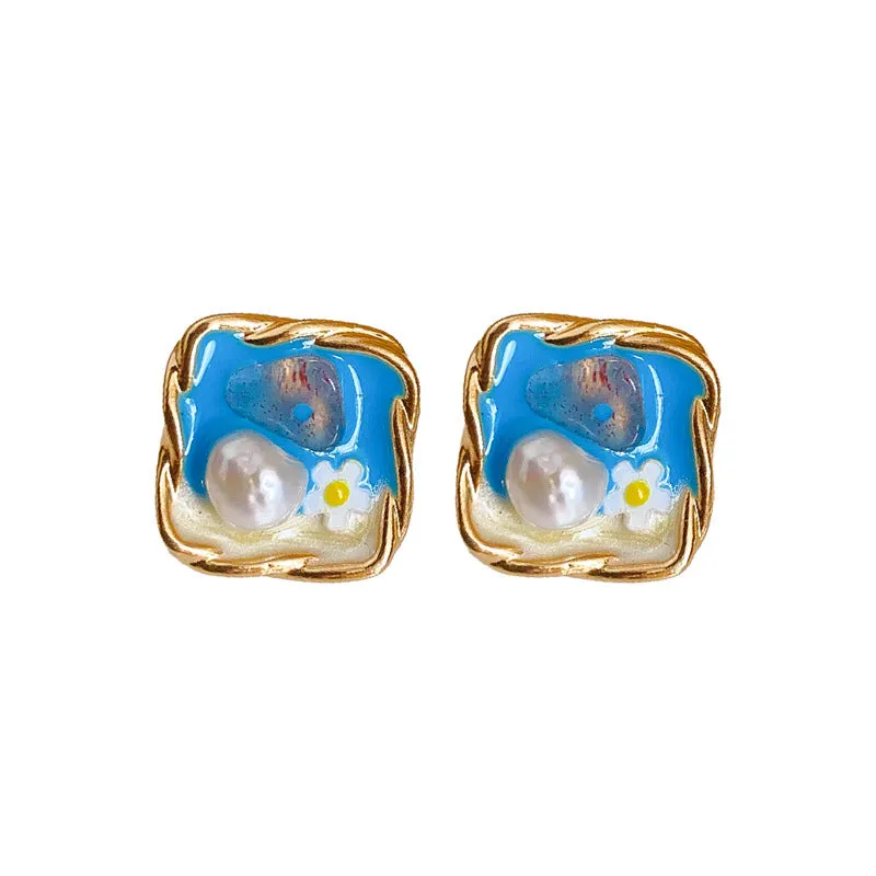 Luxurious Flower Geometric Flower Pearl Oil Dripping Earrings