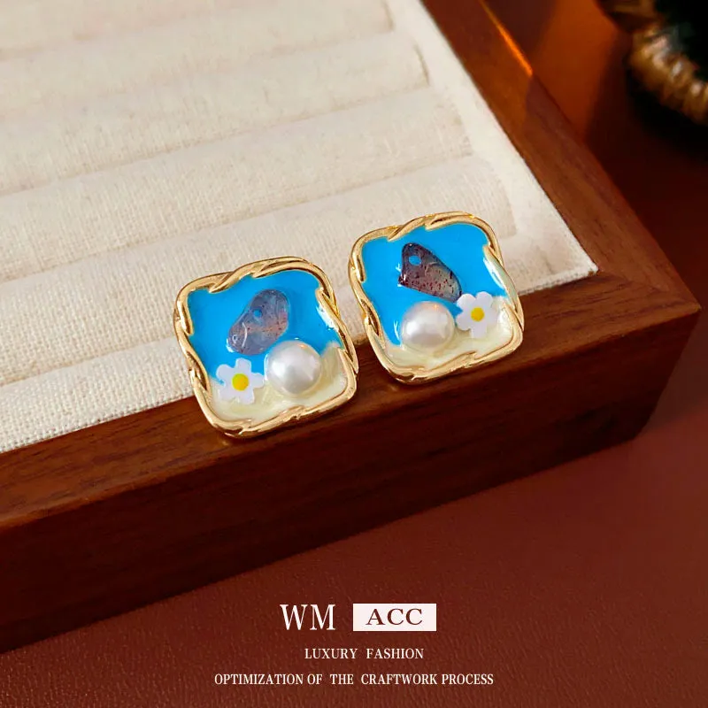 Luxurious Flower Geometric Flower Pearl Oil Dripping Earrings