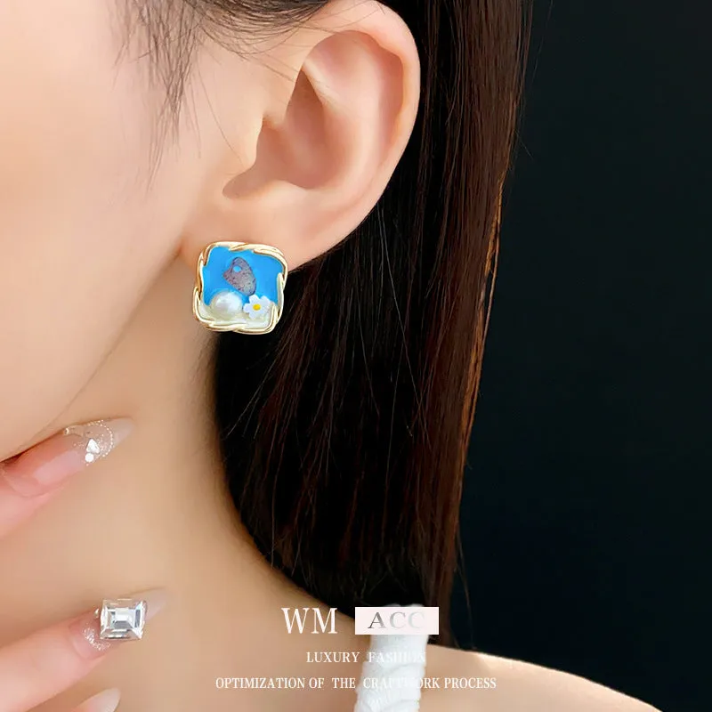 Luxurious Flower Geometric Flower Pearl Oil Dripping Earrings