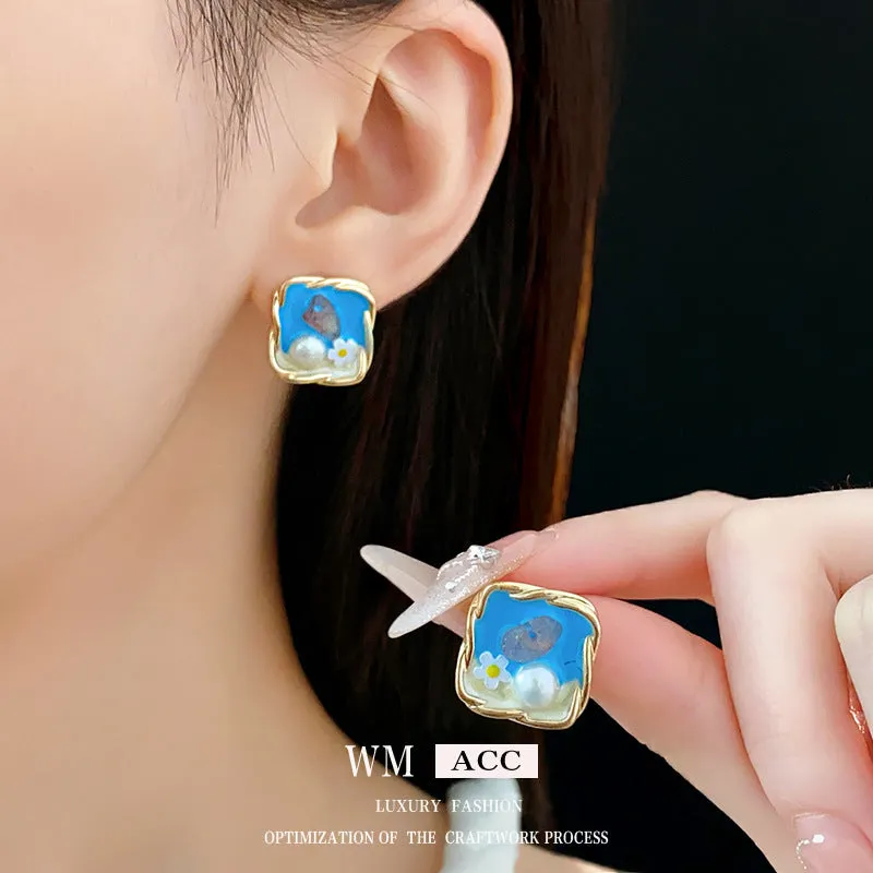 Luxurious Flower Geometric Flower Pearl Oil Dripping Earrings