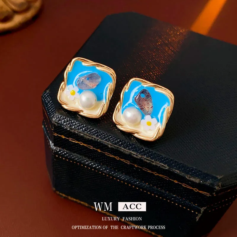 Luxurious Flower Geometric Flower Pearl Oil Dripping Earrings