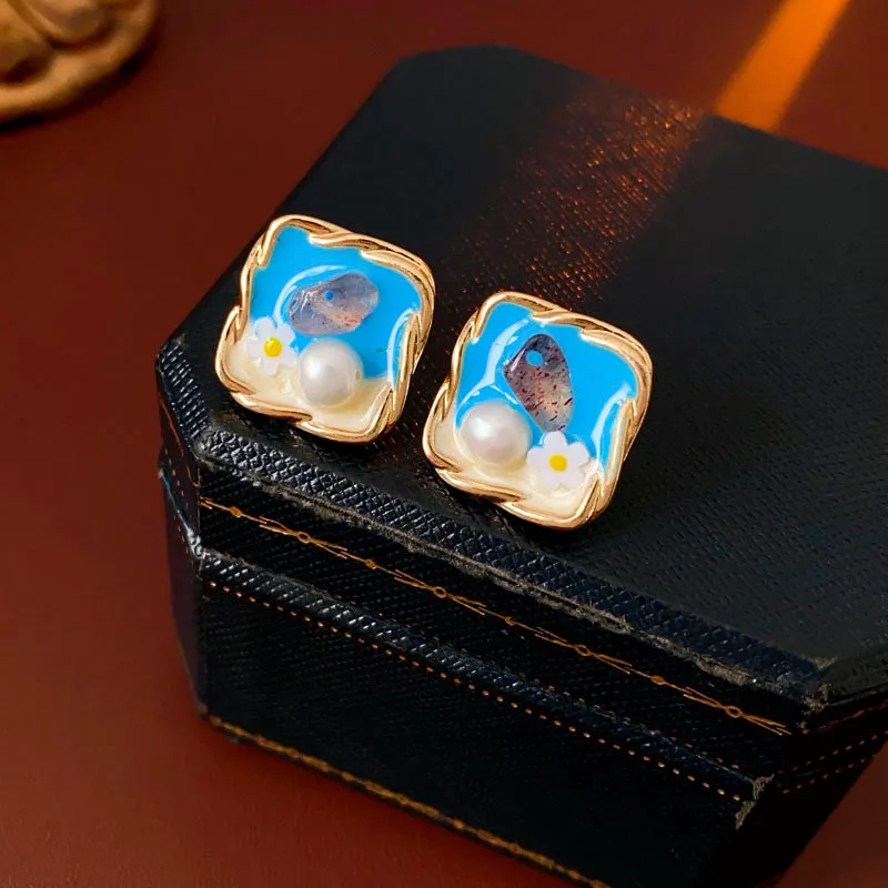 Luxurious Flower Geometric Flower Pearl Oil Dripping Earrings