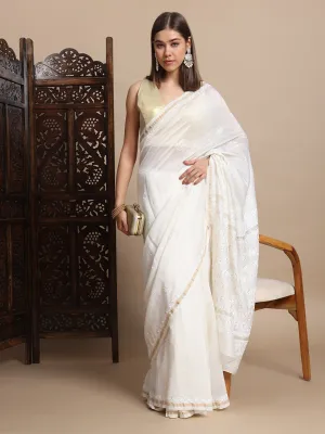 Luxurious Hand-Embroidered Chikankari & Zari Chanderi Silk Saree