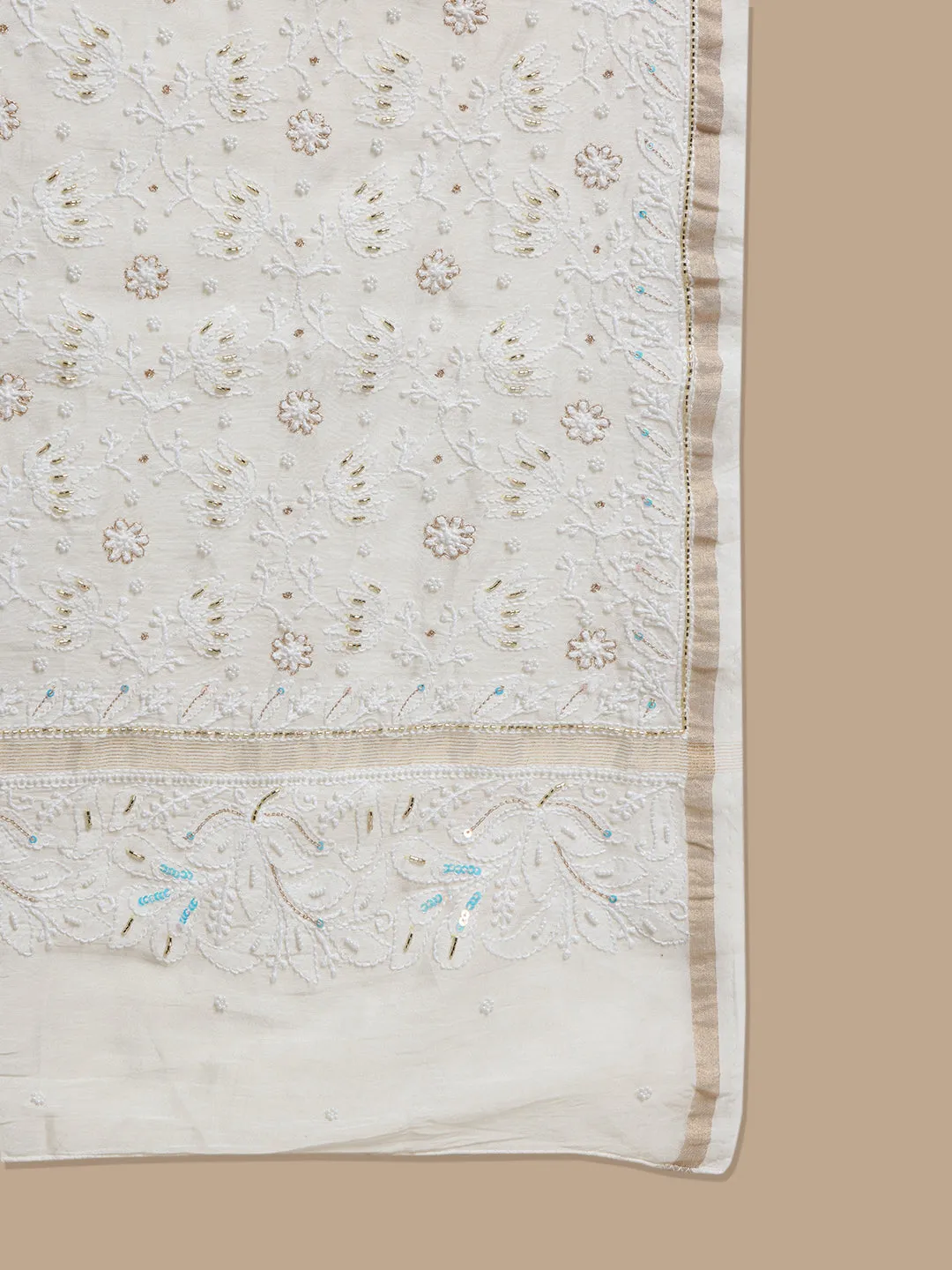 Luxurious Hand-Embroidered Chikankari & Zari Chanderi Silk Saree
