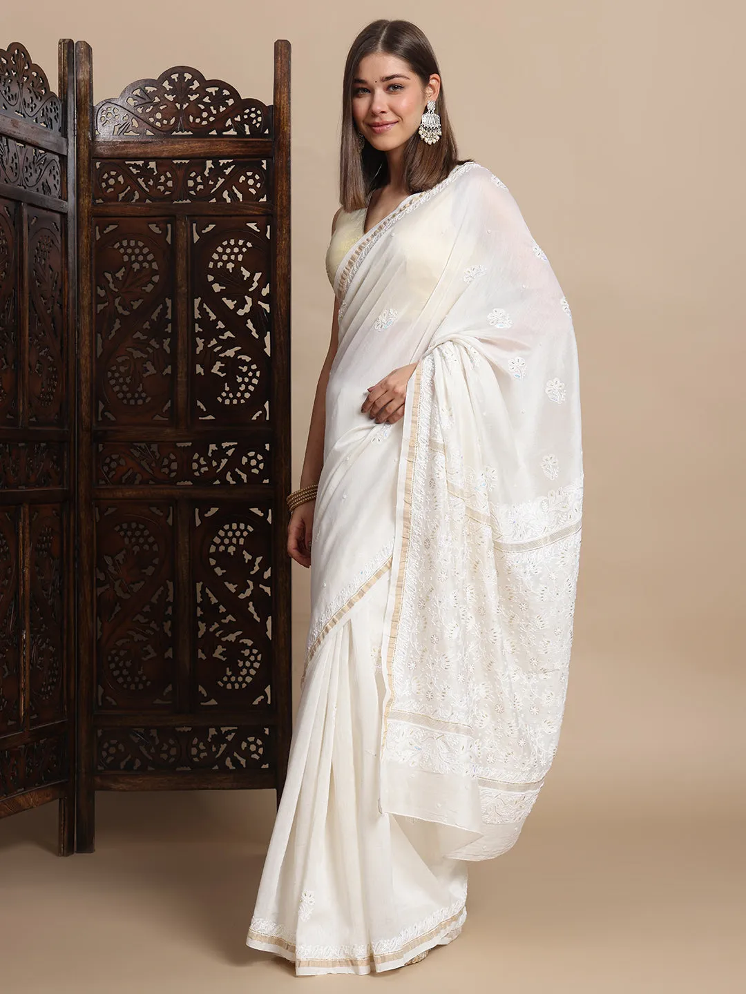 Luxurious Hand-Embroidered Chikankari & Zari Chanderi Silk Saree