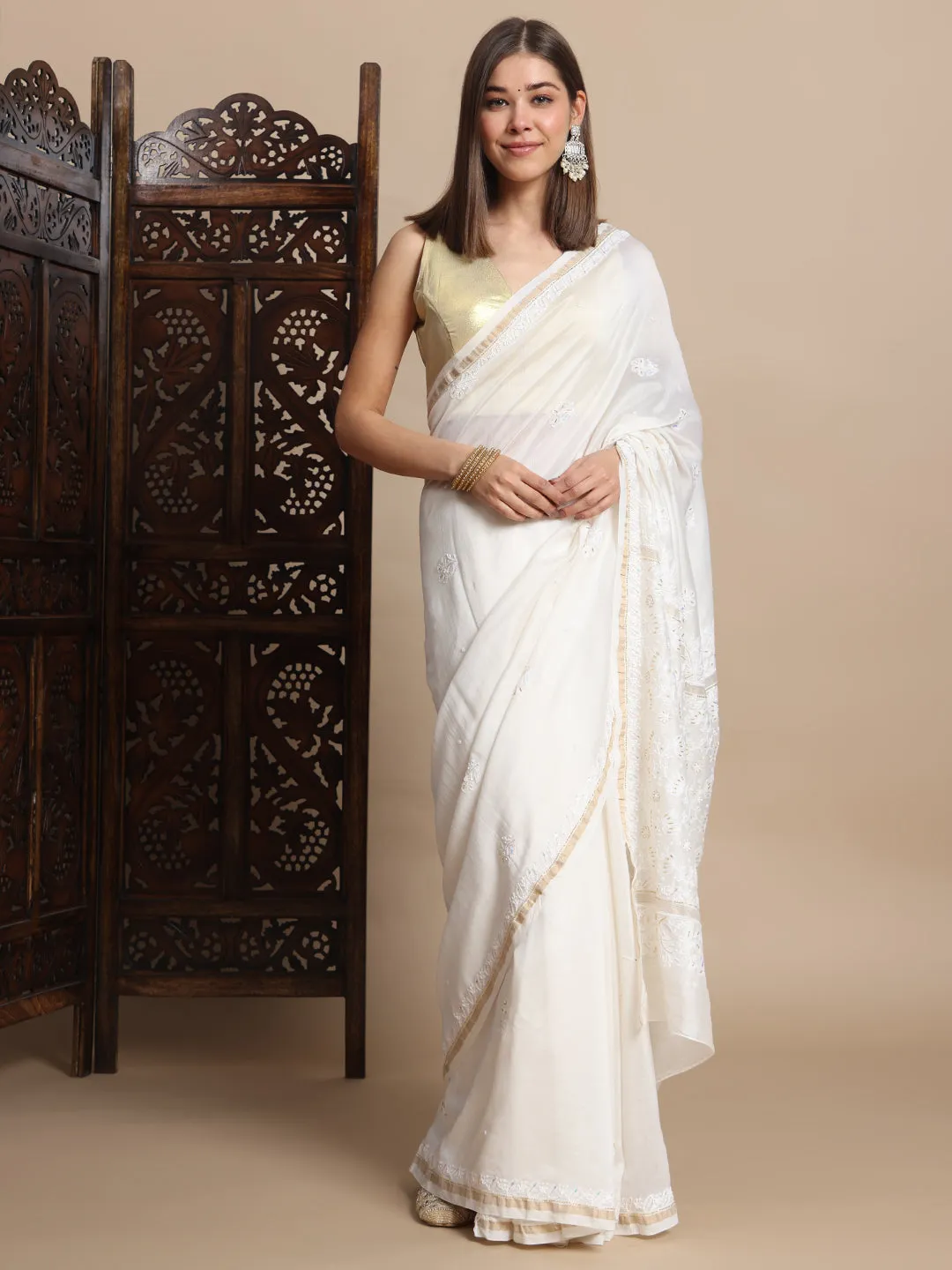 Luxurious Hand-Embroidered Chikankari & Zari Chanderi Silk Saree