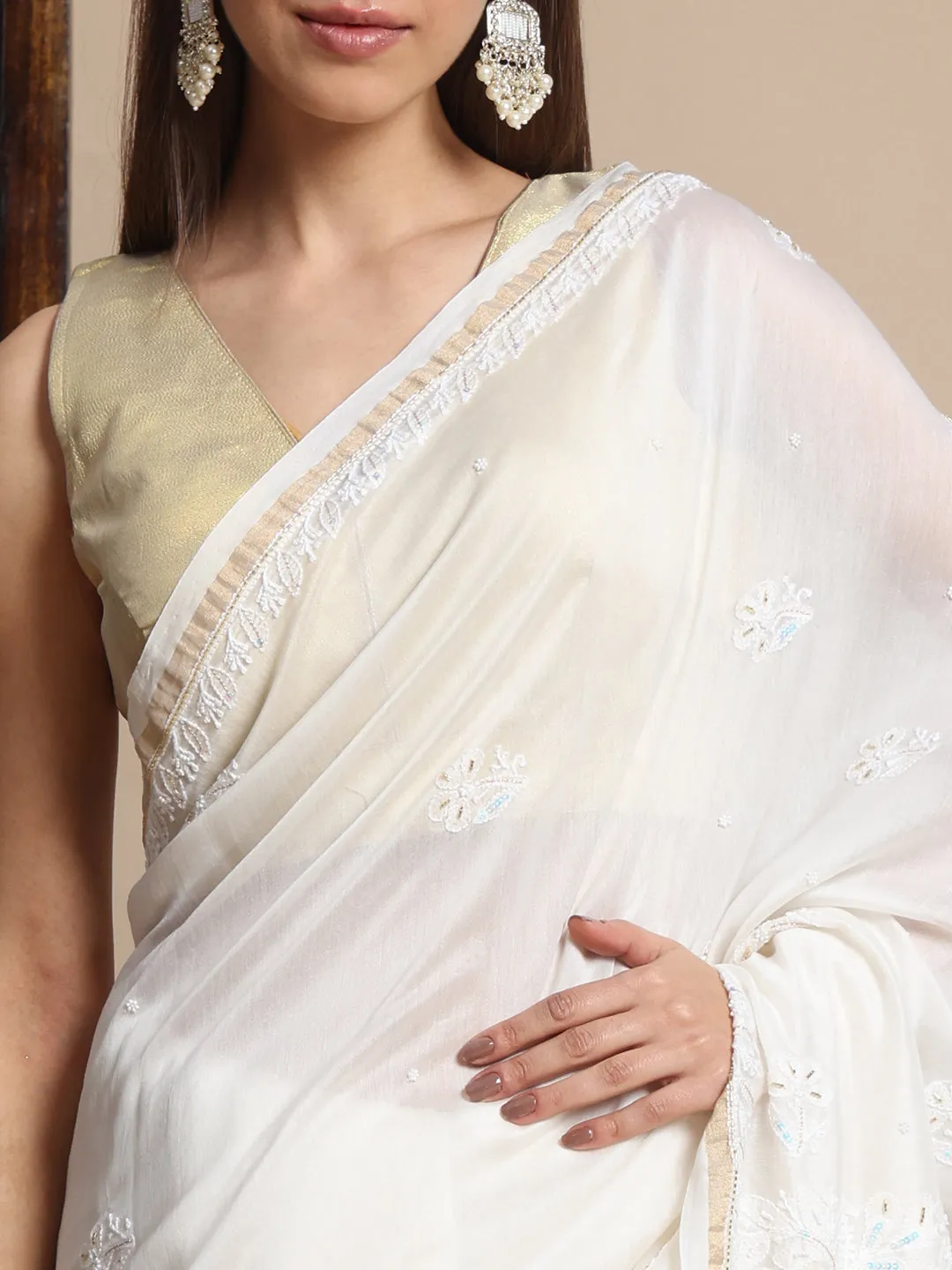 Luxurious Hand-Embroidered Chikankari & Zari Chanderi Silk Saree