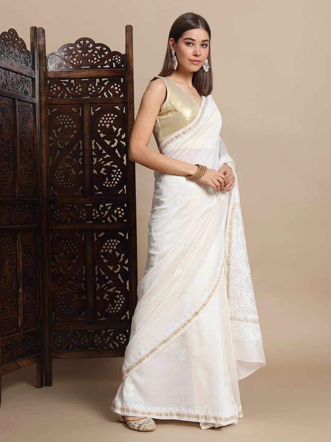 Luxurious Hand-Embroidered Chikankari & Zari Chanderi Silk Saree