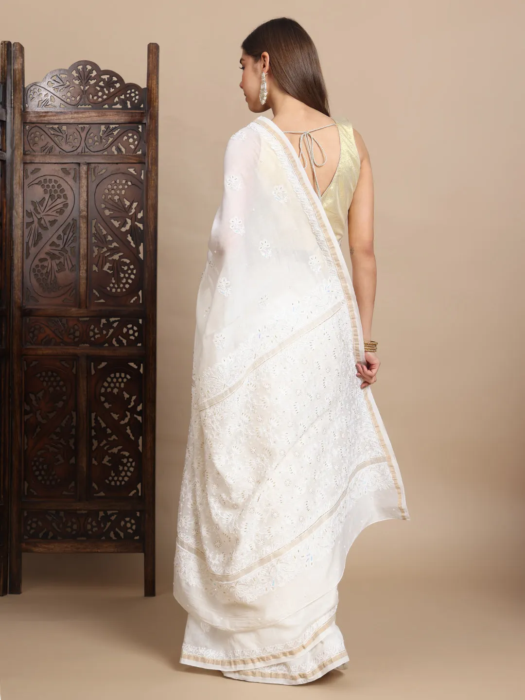 Luxurious Hand-Embroidered Chikankari & Zari Chanderi Silk Saree
