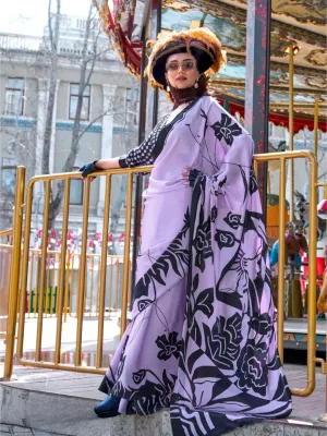 Luxurious Lavender Contemporary Printed Satin Crepe Saree