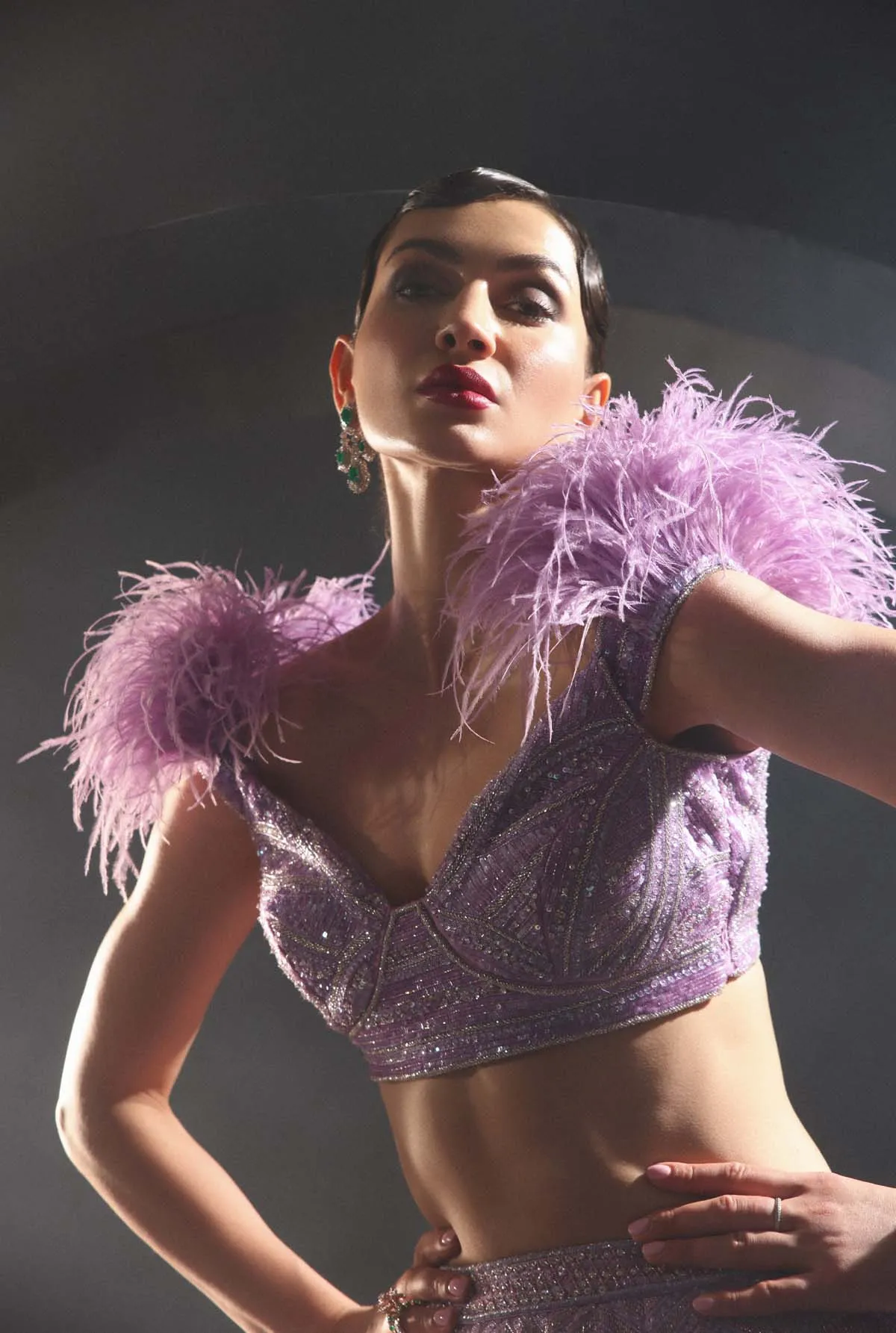 Luxurious Lilac Lehenga Set  With Feather Embellishments