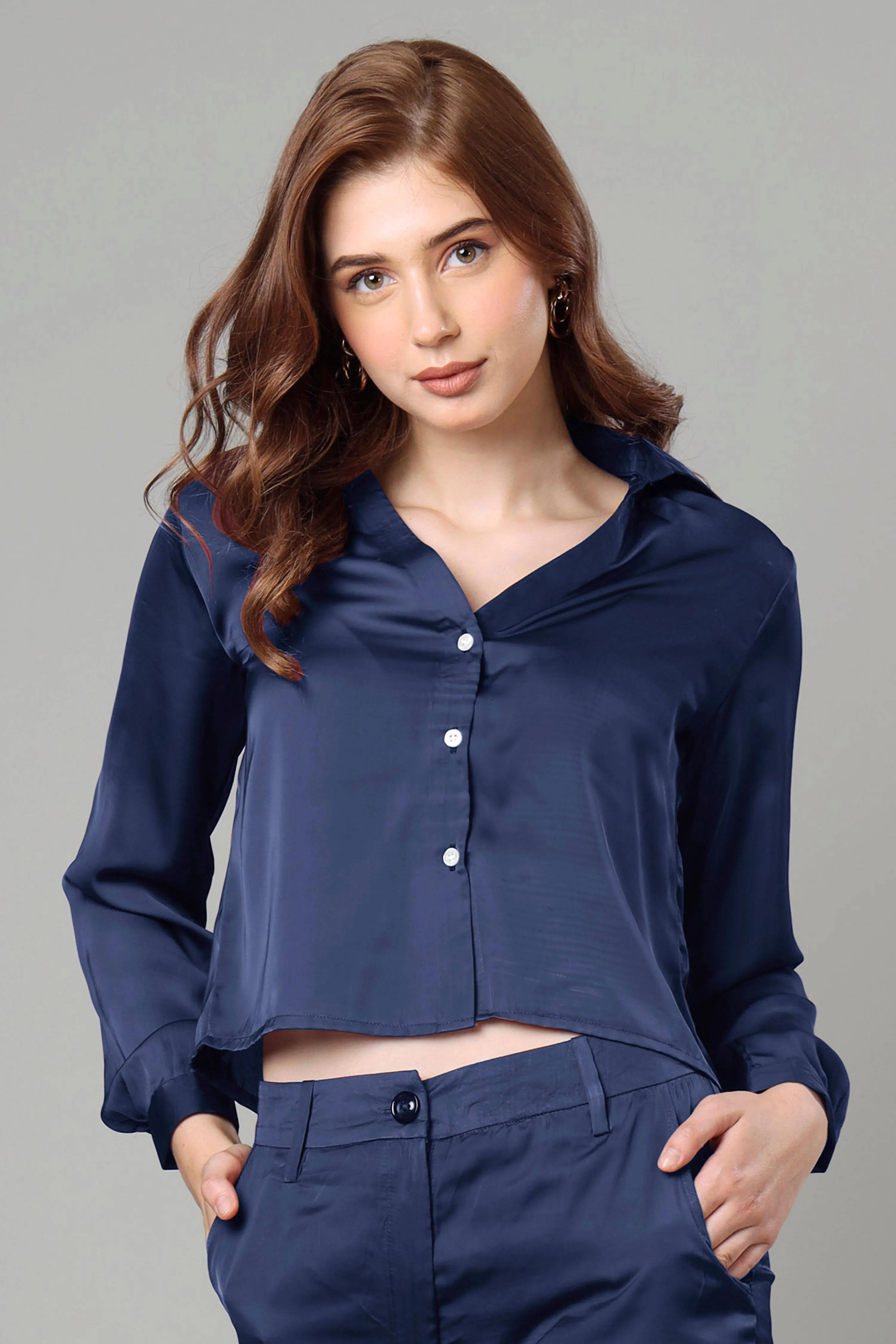 Luxurious Navy Blue Cropped Shirt For Women