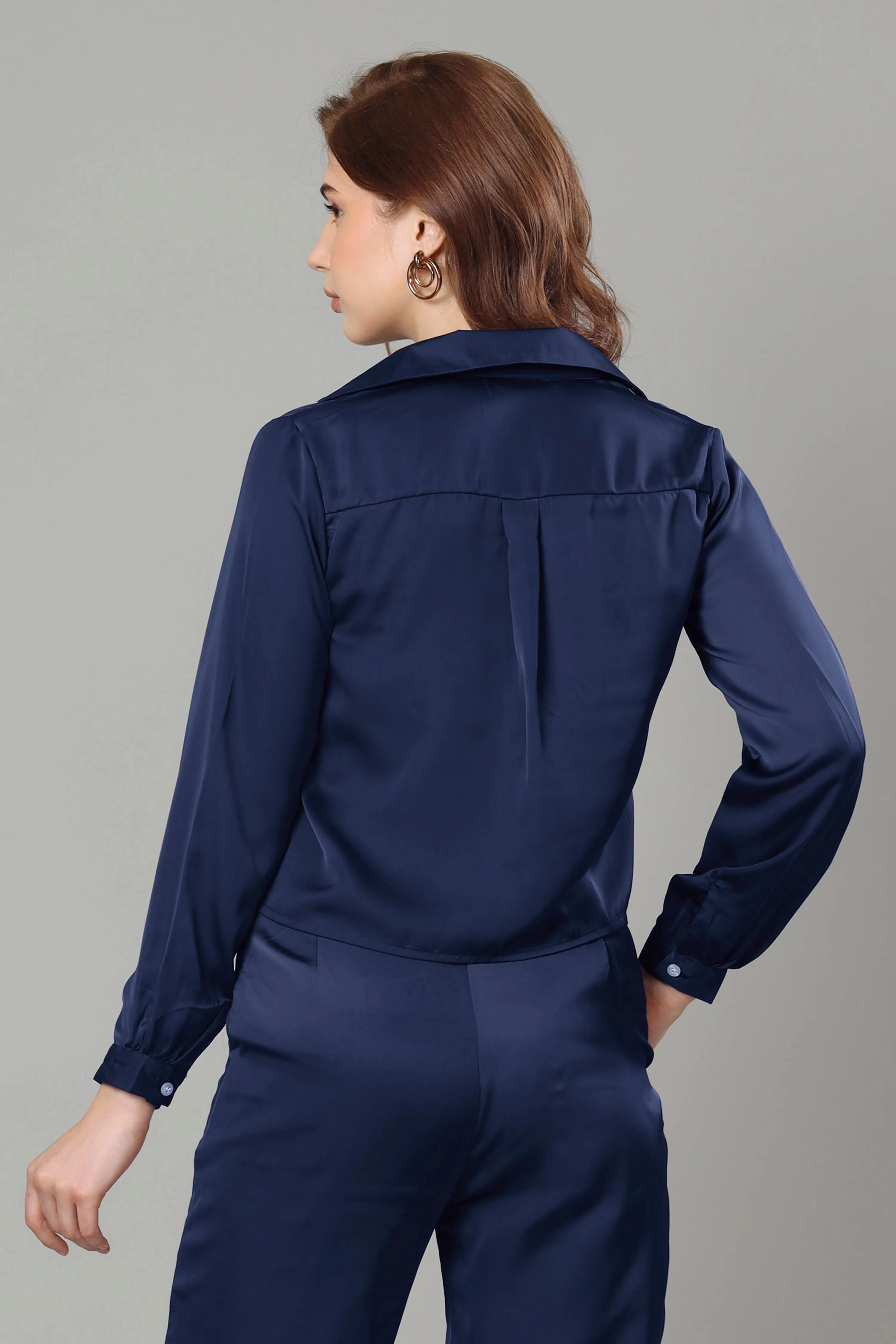Luxurious Navy Blue Cropped Shirt For Women