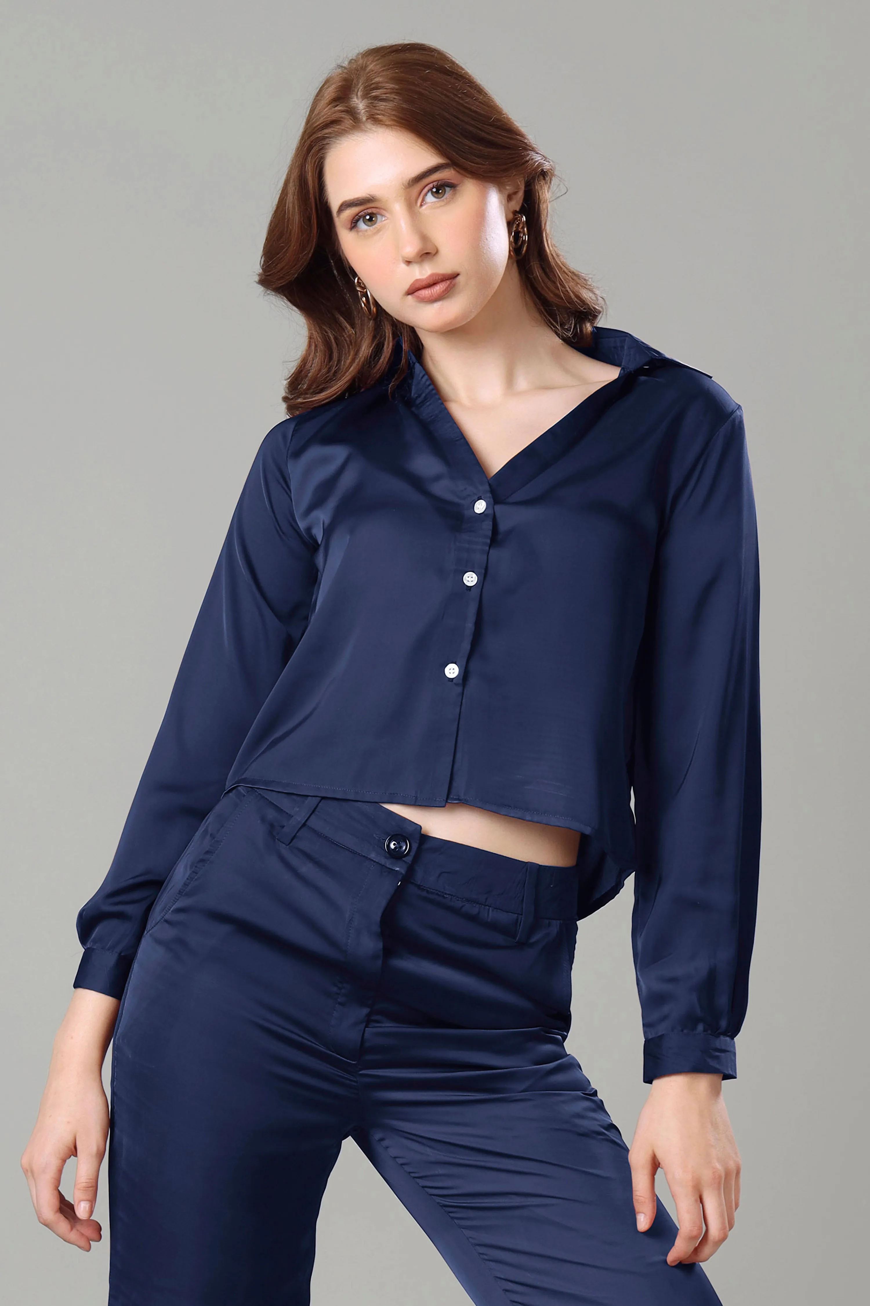 Luxurious Navy Blue Cropped Shirt For Women