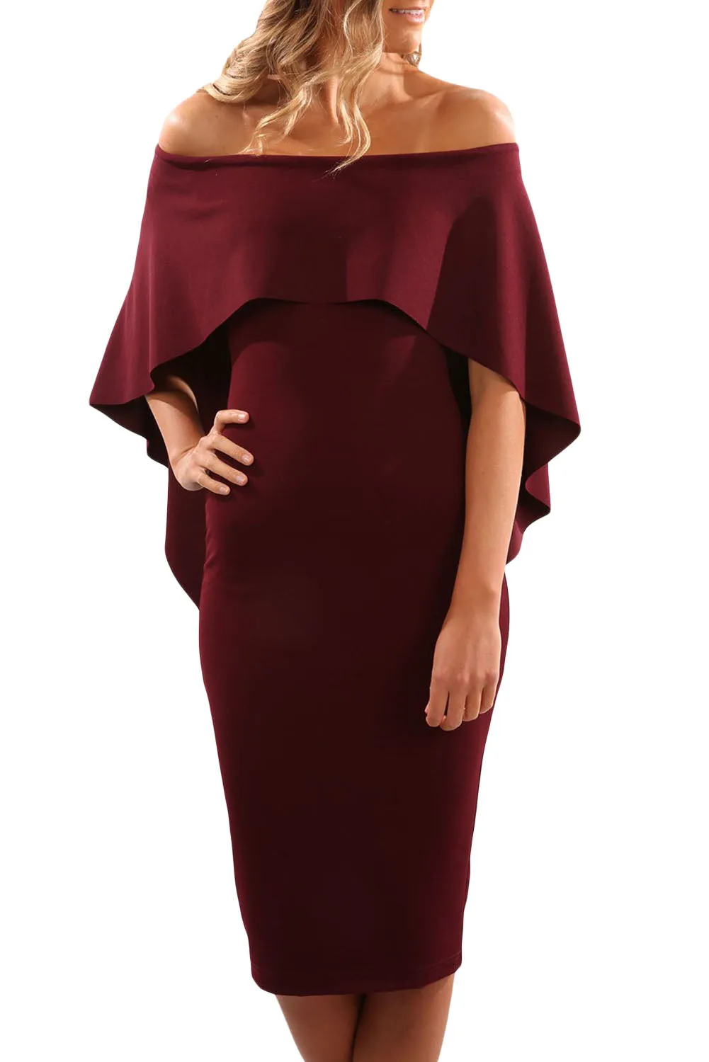 Luxurious Off Shoulder Batwing Cape Midi Poncho Dress