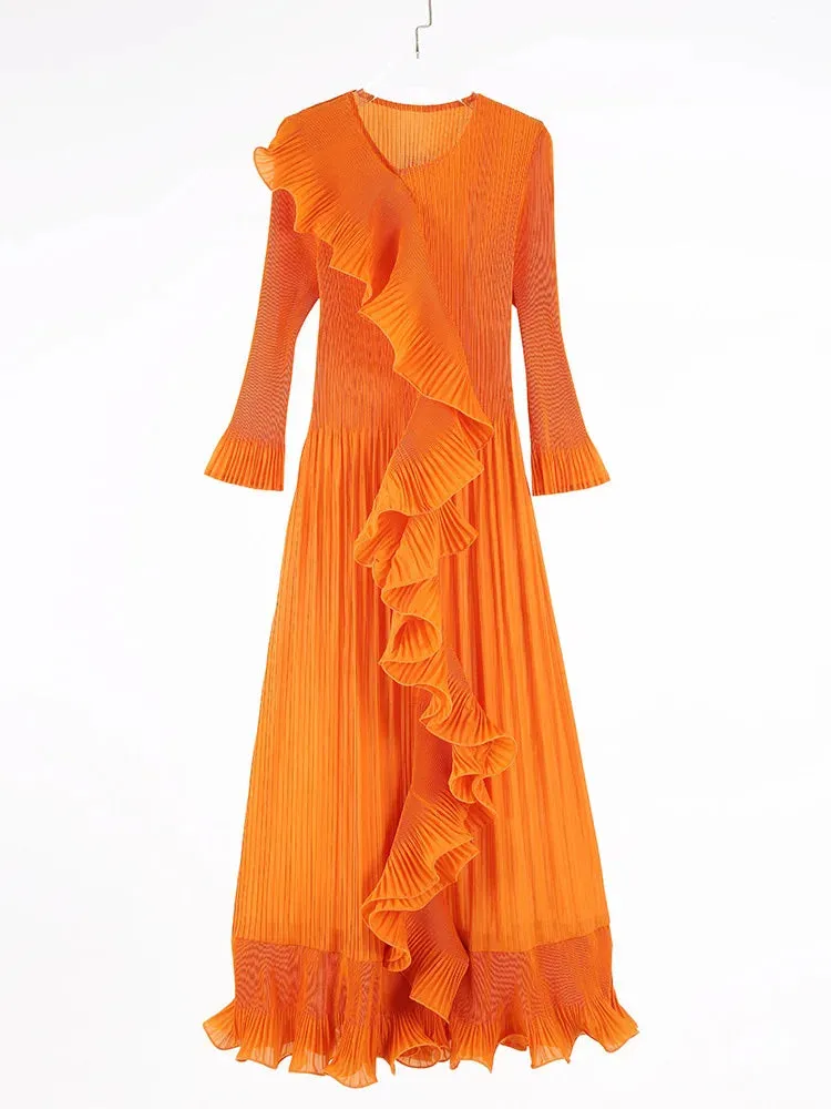 Luxurious Plissé Pleated 3D Ruffles Midi Dress