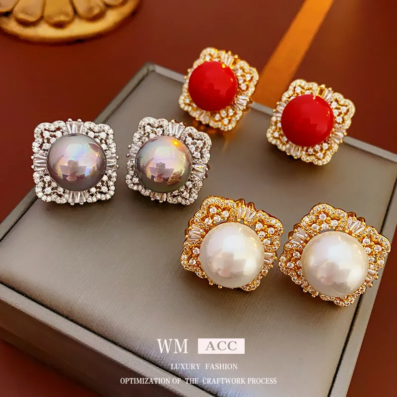 Luxurious Quadrilateral Geometric Artificial Pearl Zircon Inlay Earrings