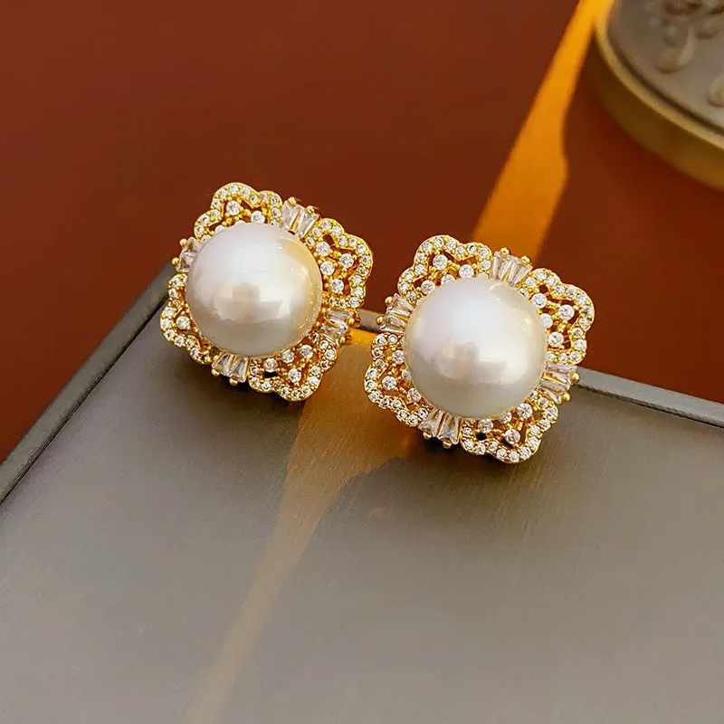 Luxurious Quadrilateral Geometric Artificial Pearl Zircon Inlay Earrings