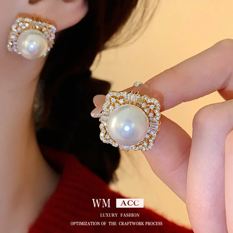 Luxurious Quadrilateral Geometric Artificial Pearl Zircon Inlay Earrings