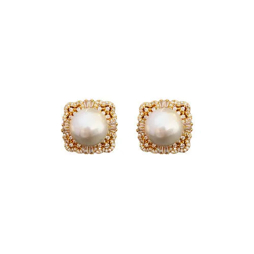 Luxurious Quadrilateral Geometric Artificial Pearl Zircon Inlay Earrings