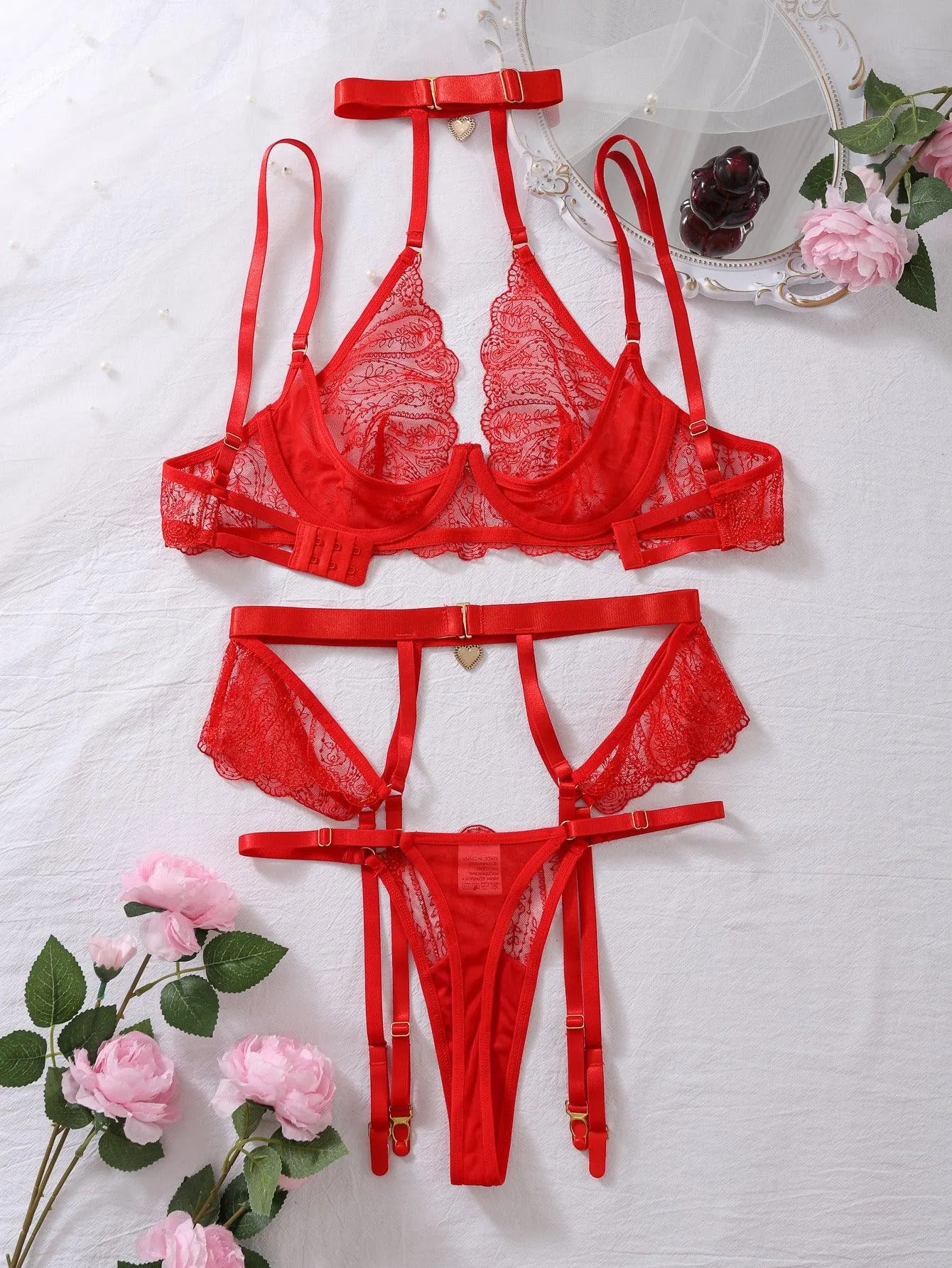 Luxurious Red Embroidered Lace Lingerie Set