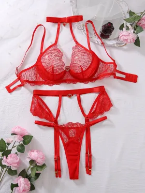 Luxurious Red Embroidered Lace Lingerie Set