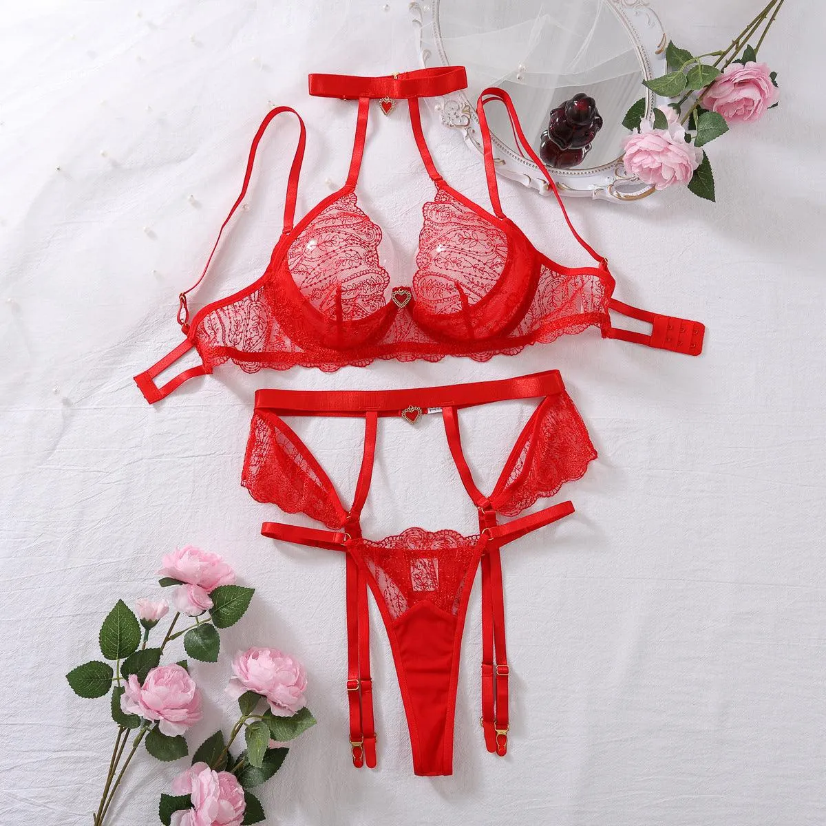 Luxurious Red Embroidered Lace Lingerie Set