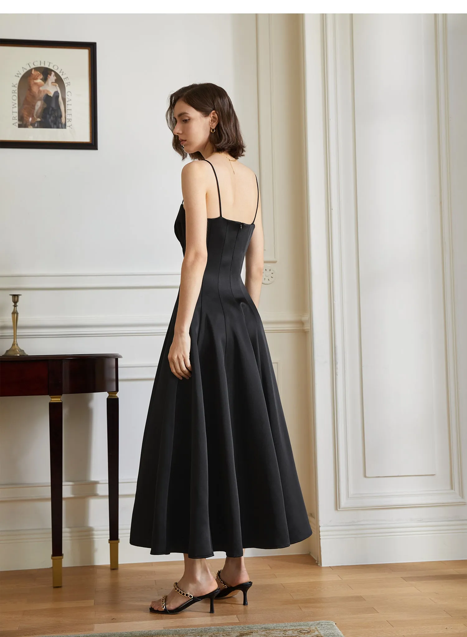 Luxurious satin, a striking sleeveless, silhouette dress- Celina