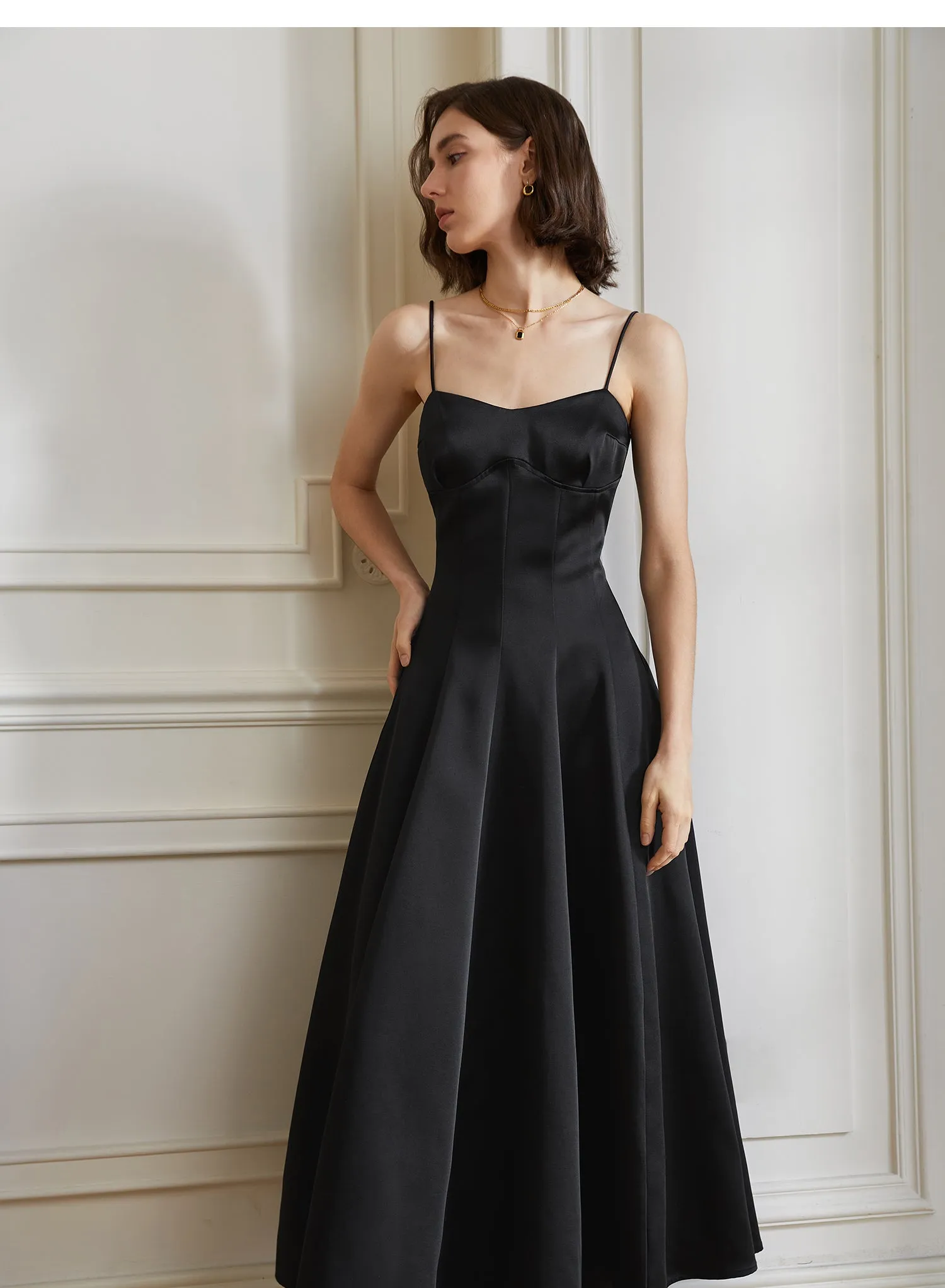 Luxurious satin, a striking sleeveless, silhouette dress- Celina