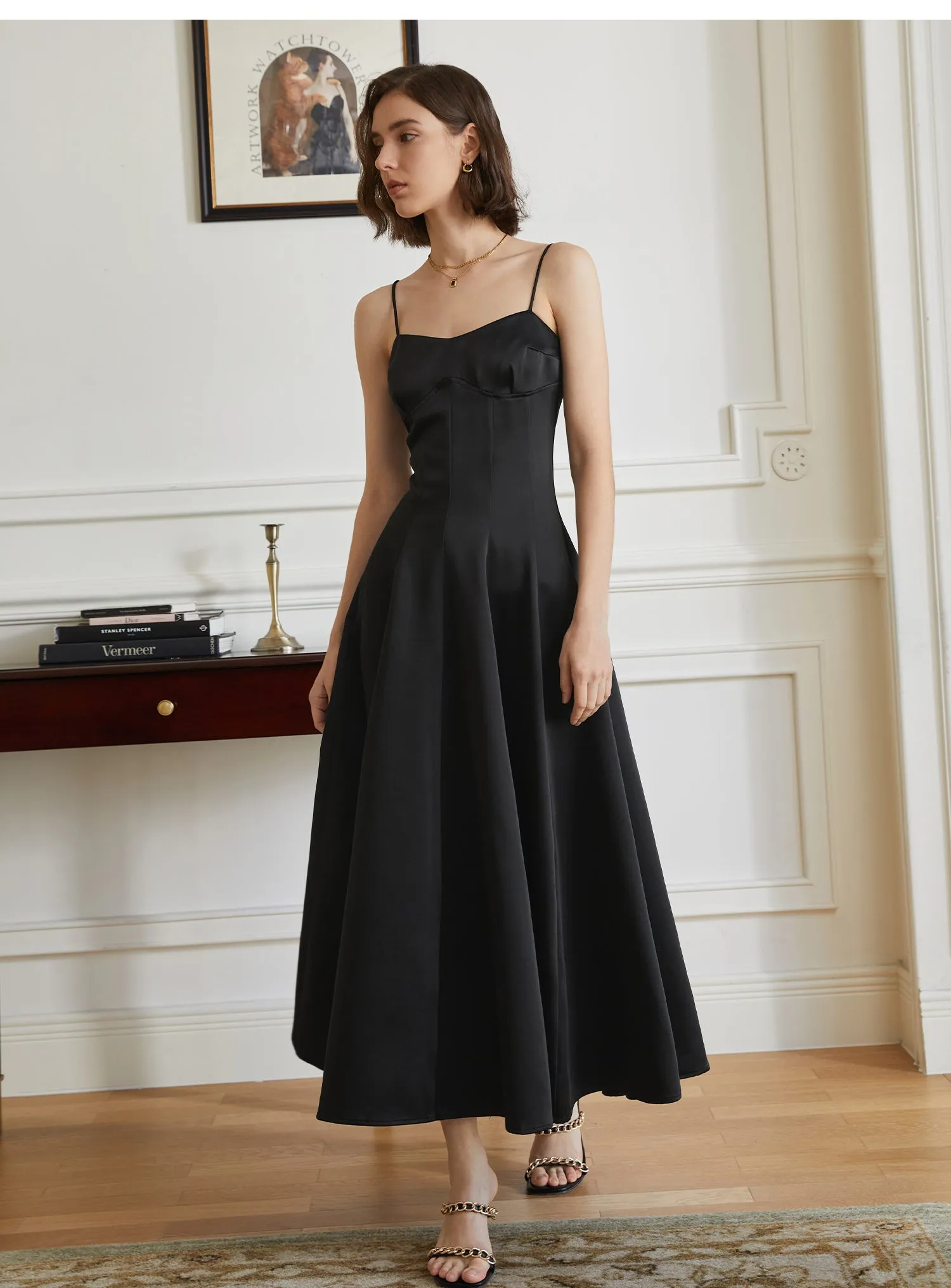 Luxurious satin, a striking sleeveless, silhouette dress- Celina