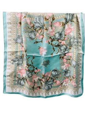 Luxurious Silk-Feel Square Scarf--Aqua & Pink Floral