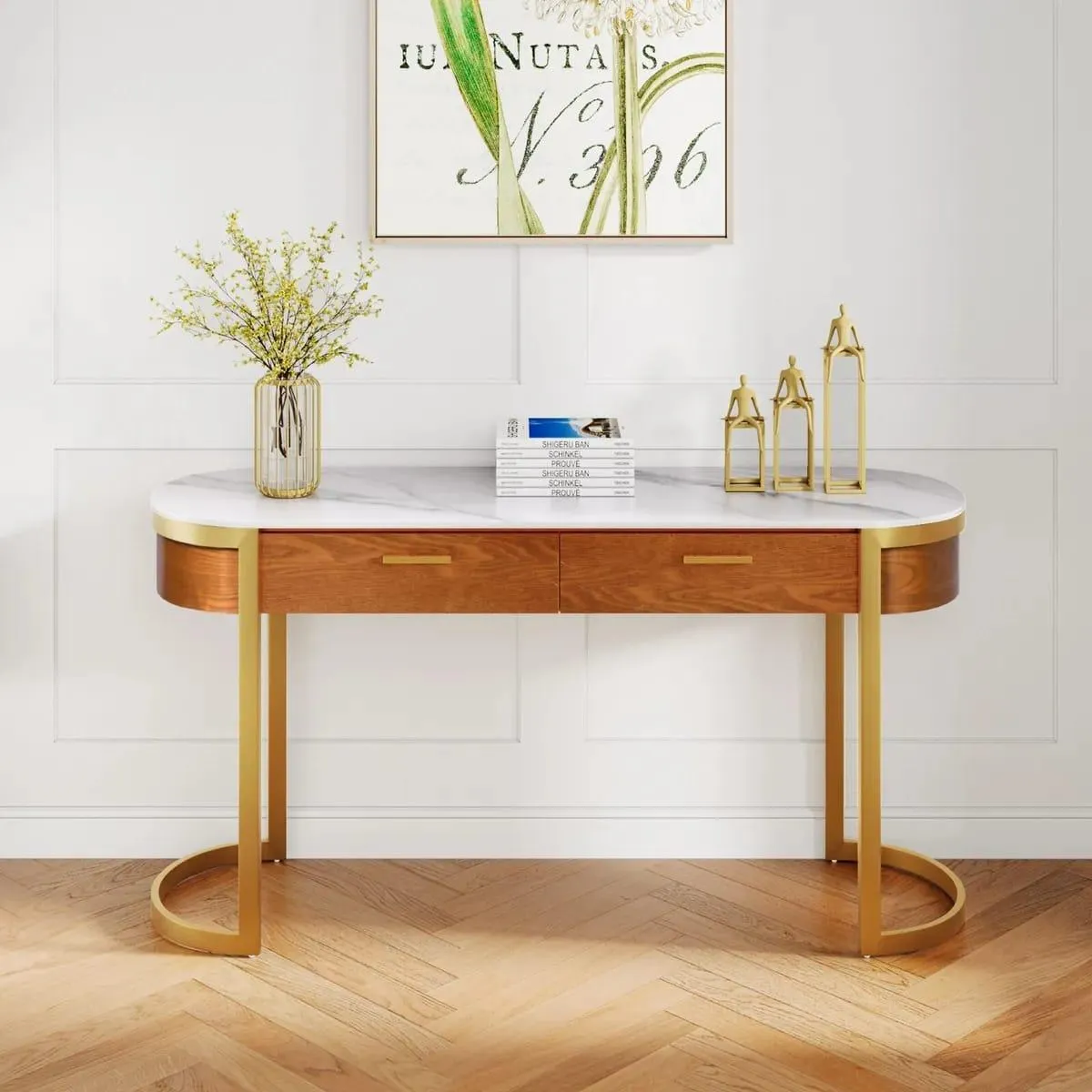 Luxurious White Marble Oval Console Table with Storage