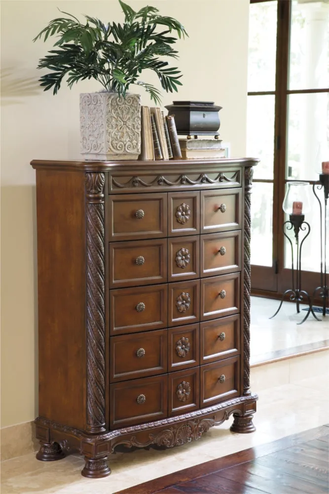 North Shore California King Panel Bed with Mirrored Dresser, Chest and Nightstand
