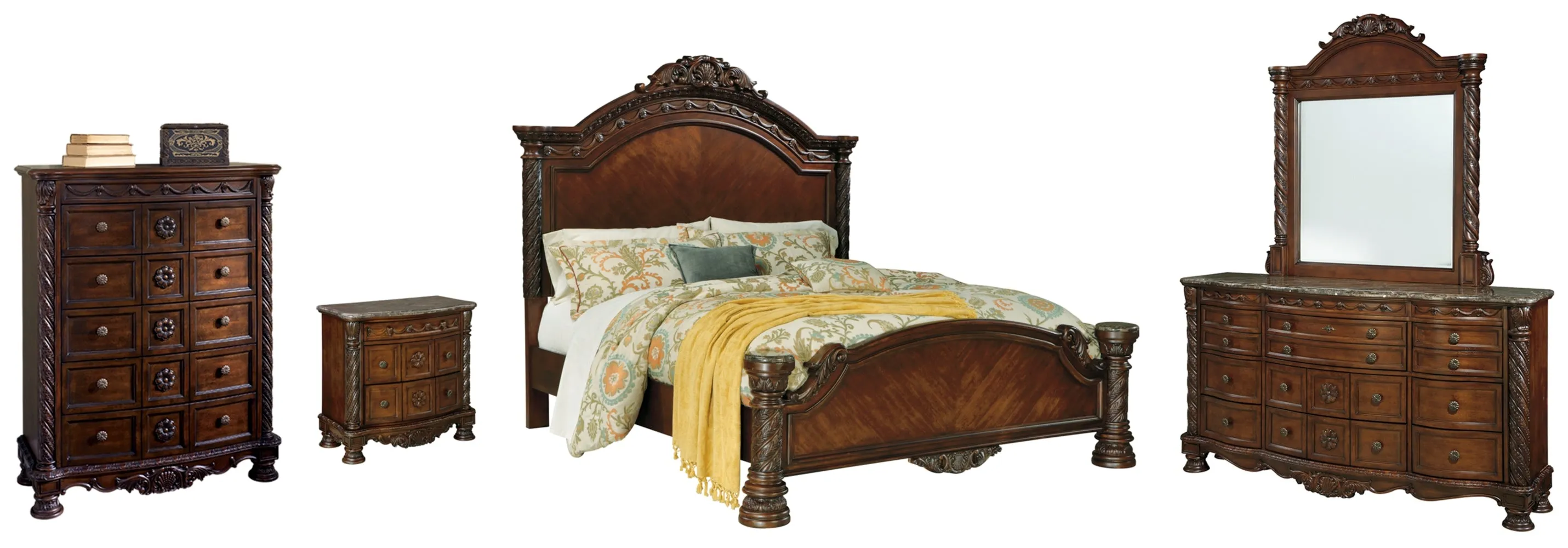 North Shore California King Panel Bed with Mirrored Dresser, Chest and Nightstand