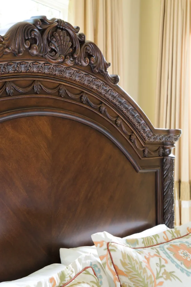 North Shore Queen Panel Bed with Mirrored Dresser, Chest and Nightstand