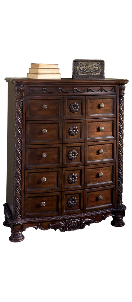 North Shore Queen Panel Bed with Mirrored Dresser, Chest and Nightstand