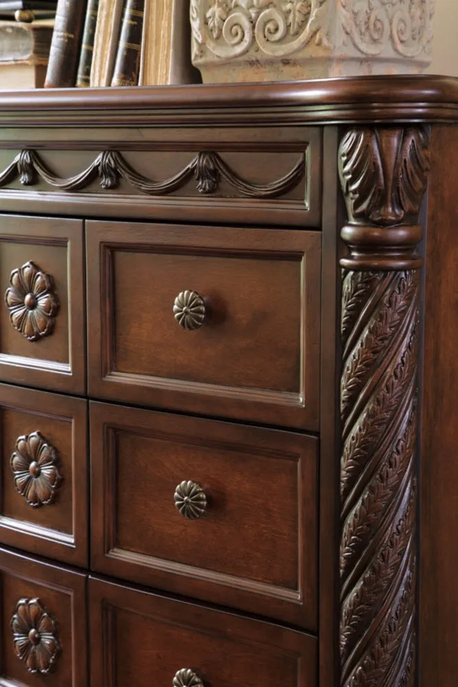 North Shore Queen Panel Bed with Mirrored Dresser, Chest and Nightstand