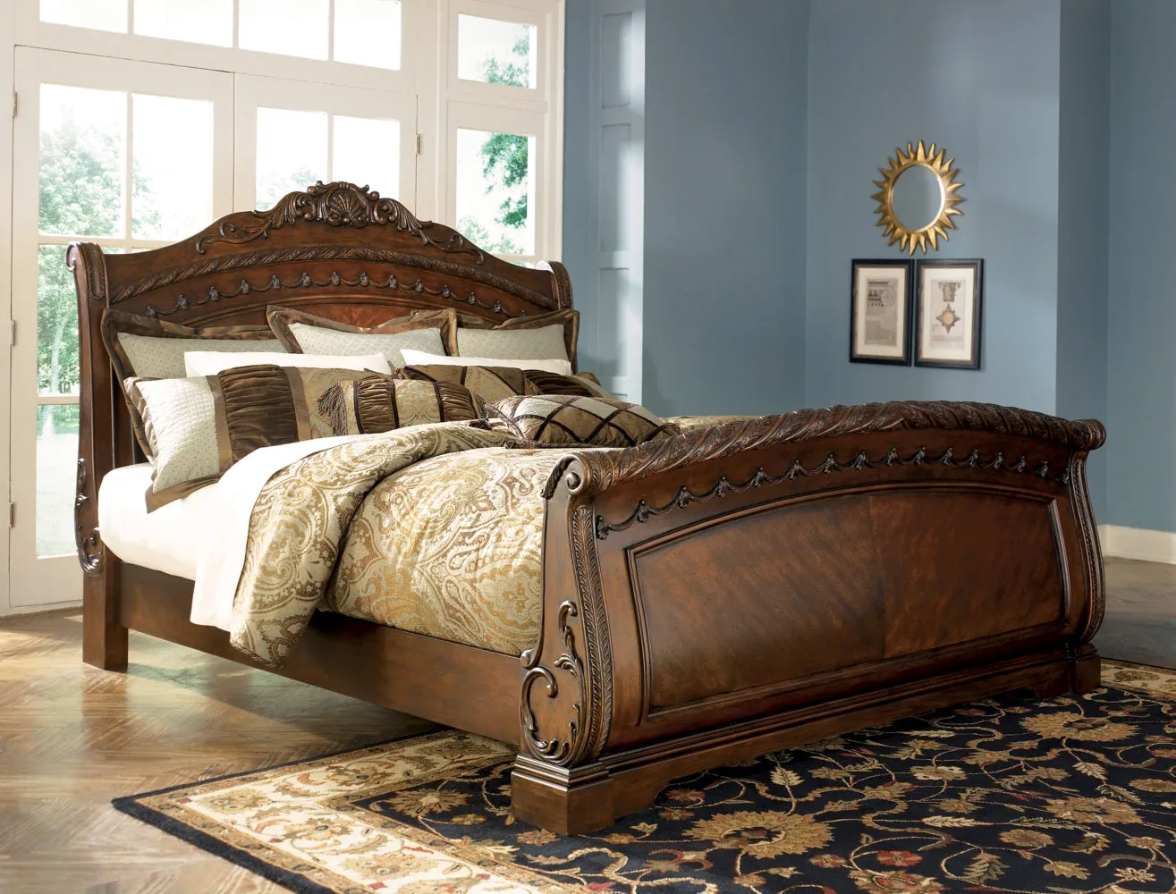 North Shore Queen Sleigh Bed with Mirrored Dresser