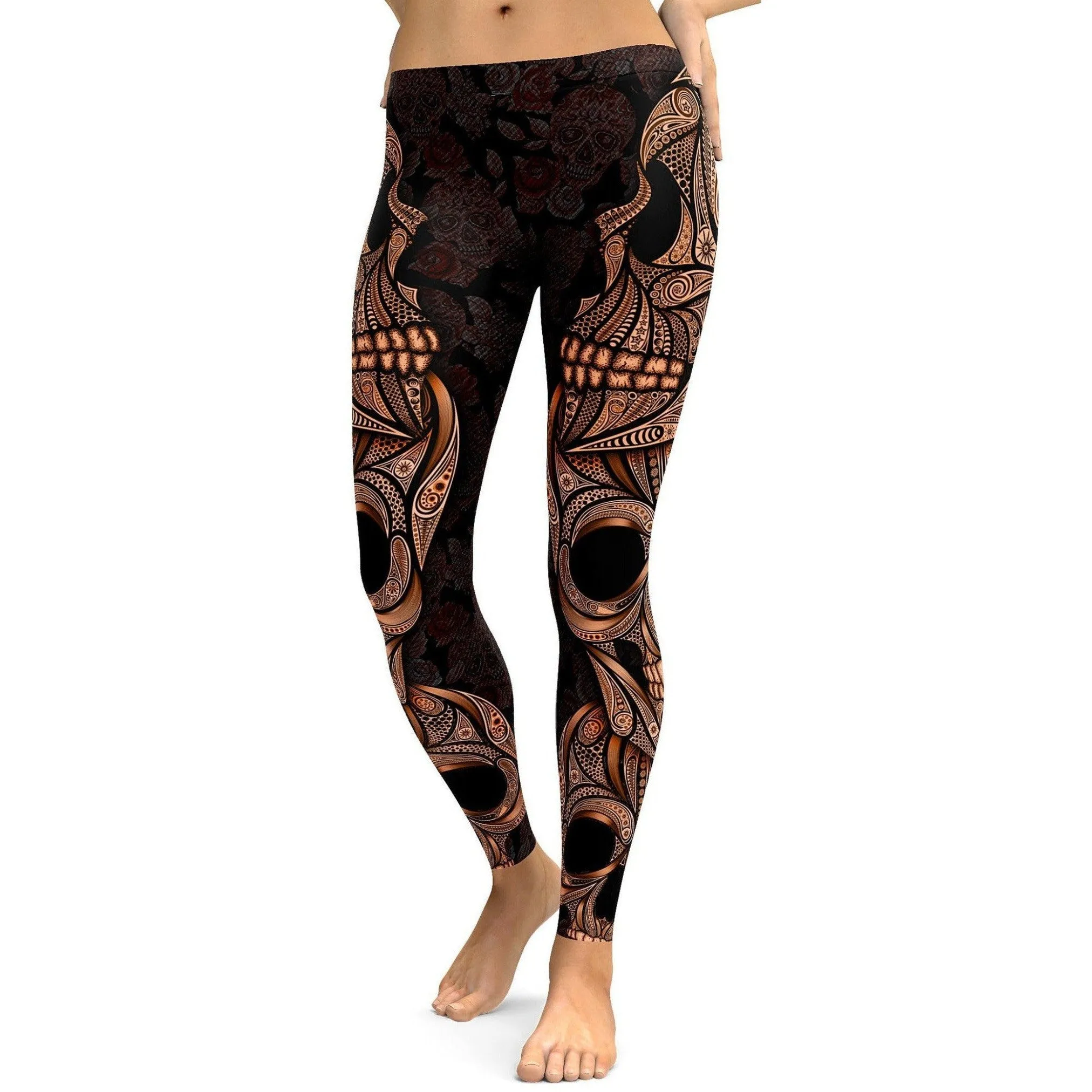Orange Ornamental Skull Leggings