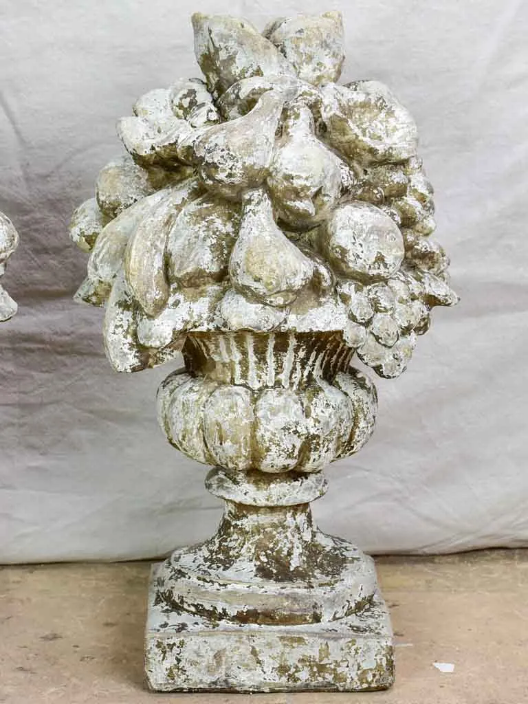 Pair of large vintage fruit basket finials with beige patina (18th Century style) 24"