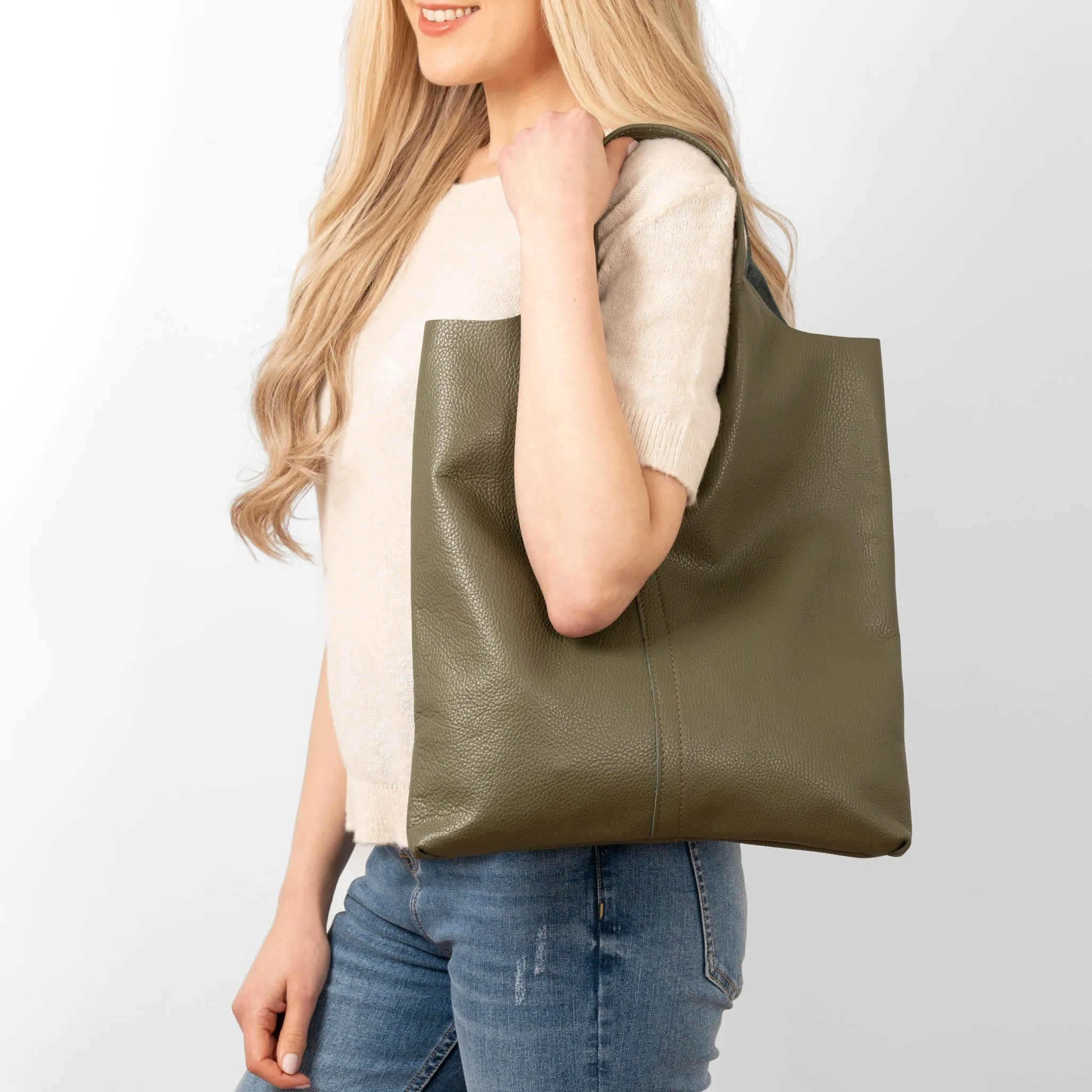 Paloma Italian Leather Shoulder Bag- Khaki, Pebbled