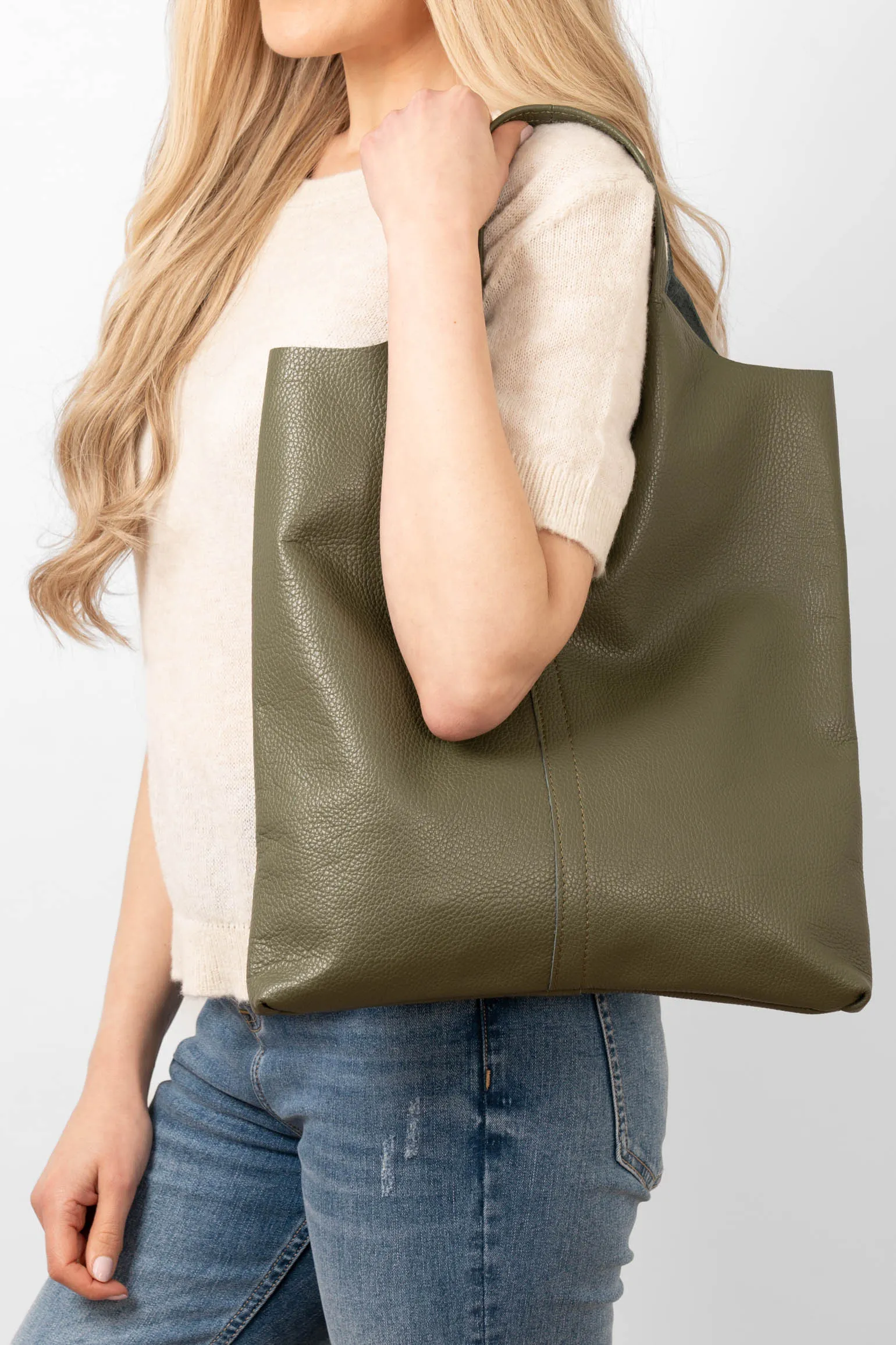 Paloma Italian Leather Shoulder Bag- Khaki, Pebbled