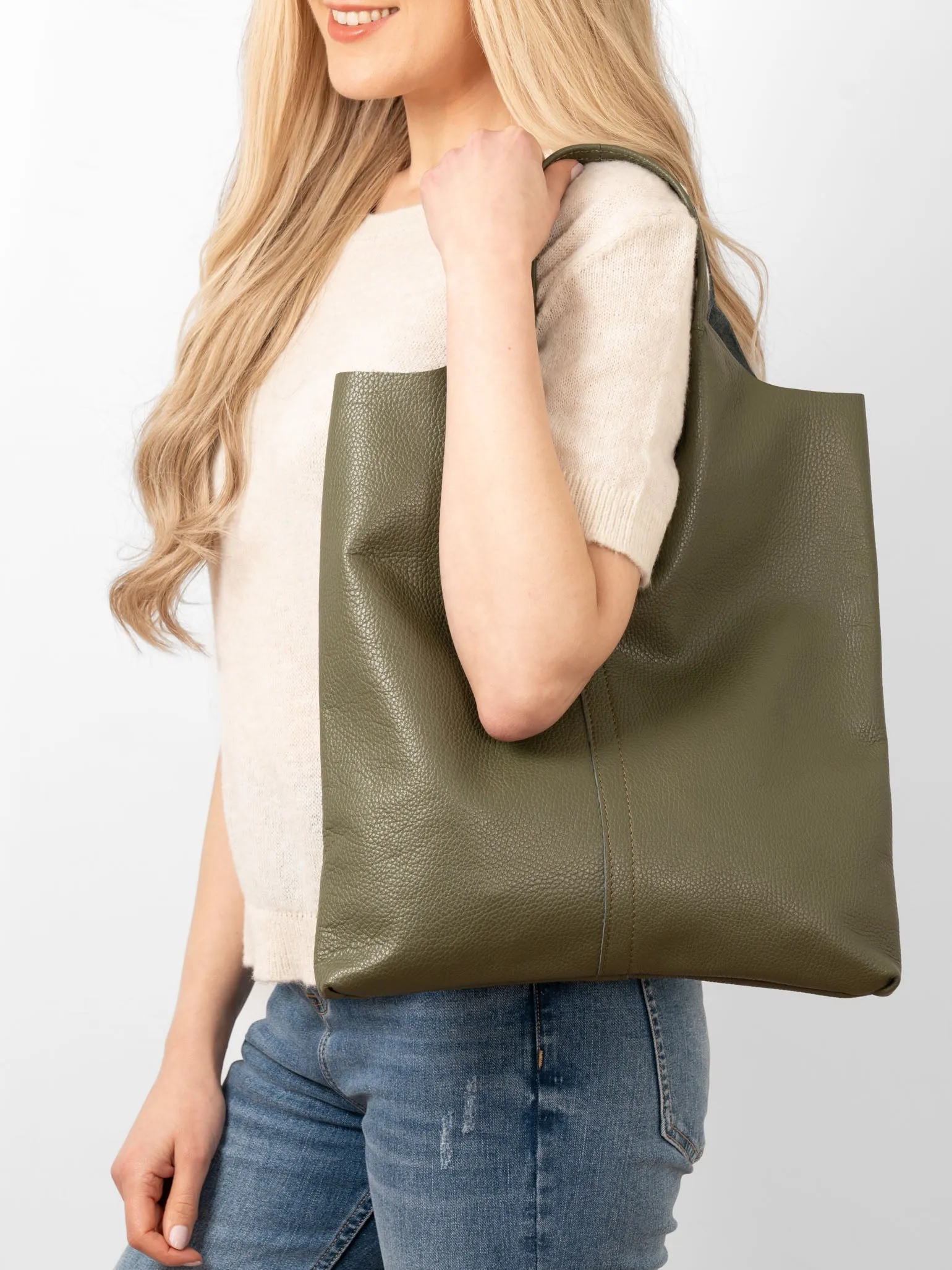 Paloma Italian Leather Shoulder Bag- Khaki, Pebbled