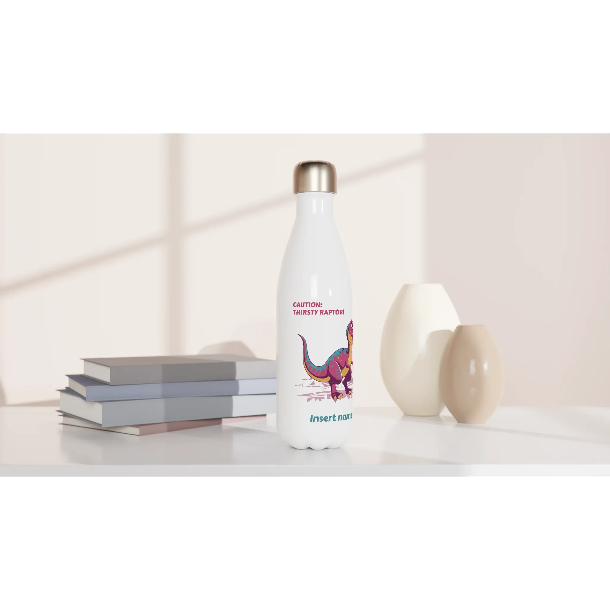Personalisable White 17oz Stainless Steel Water Bottle - Thirsty Velociraptor