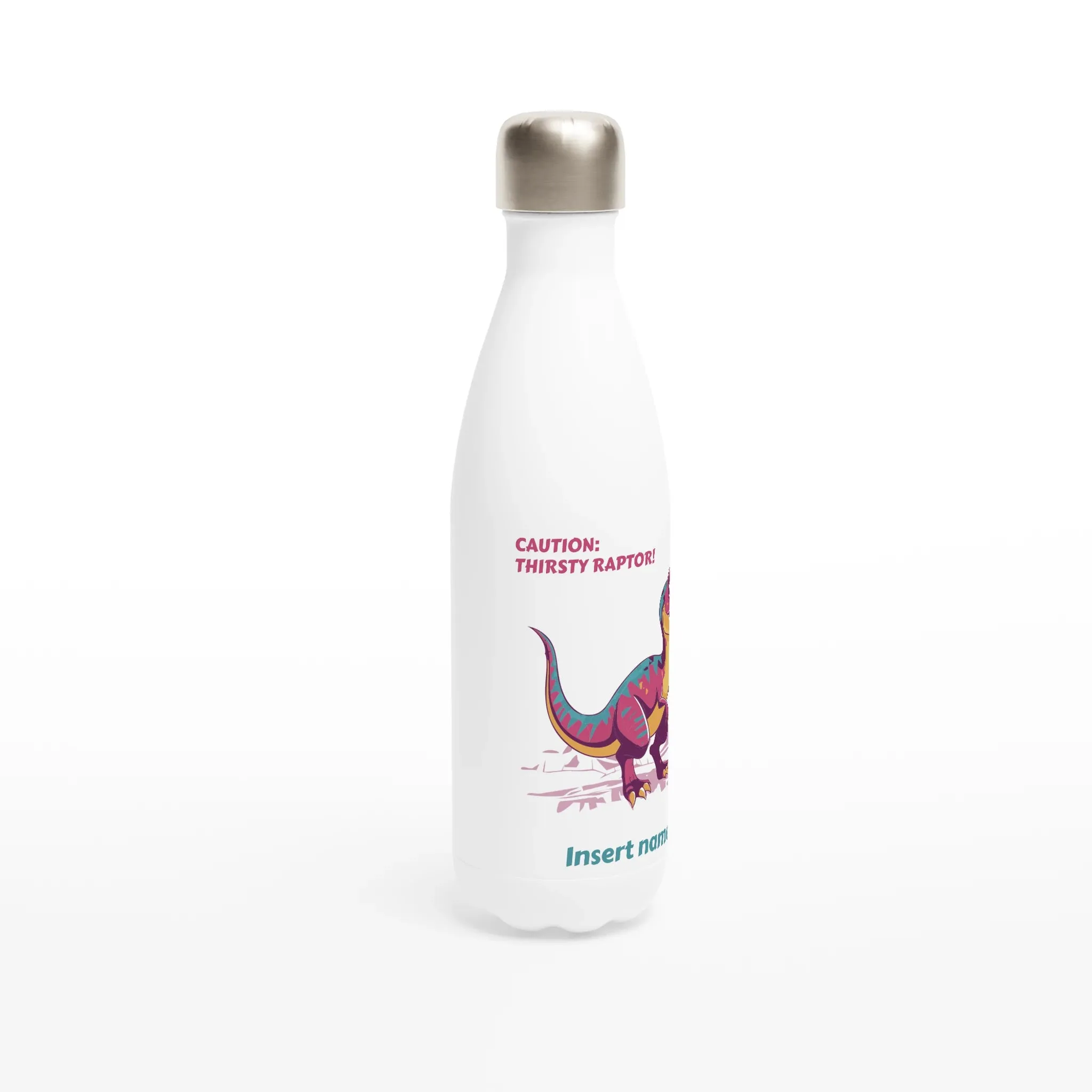 Personalisable White 17oz Stainless Steel Water Bottle - Thirsty Velociraptor