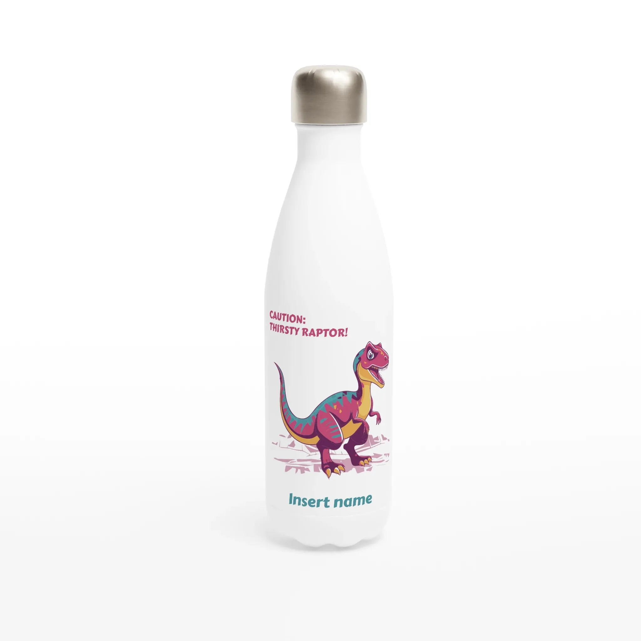 Personalisable White 17oz Stainless Steel Water Bottle - Thirsty Velociraptor