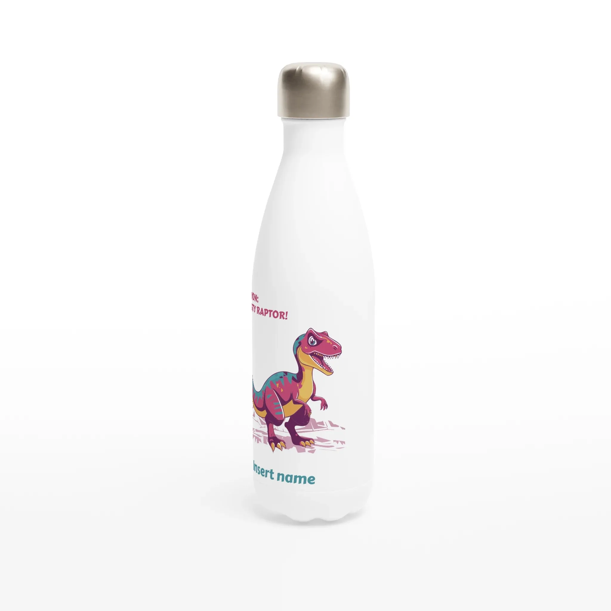 Personalisable White 17oz Stainless Steel Water Bottle - Thirsty Velociraptor