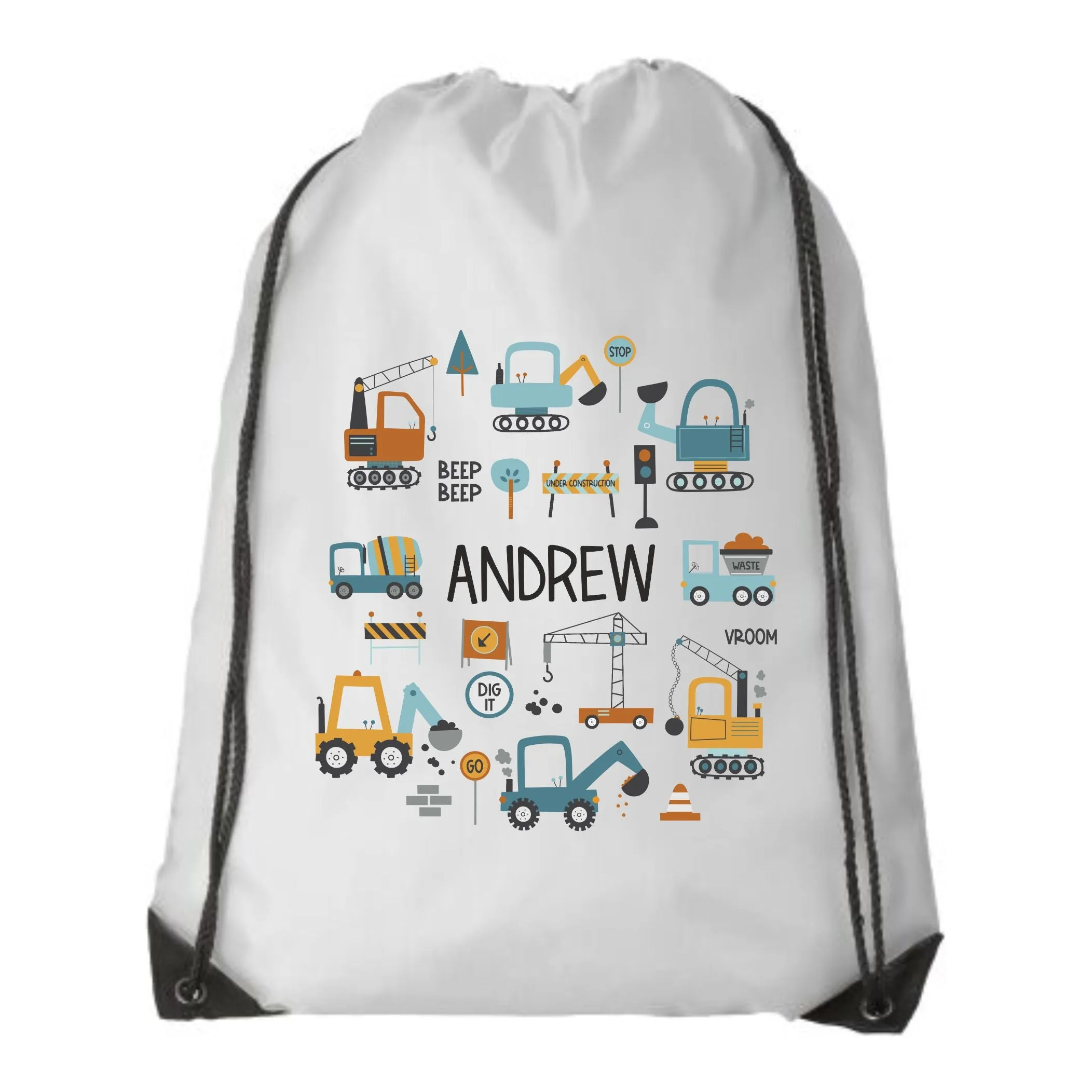 Personalised Digger Pencil Case, Make up Bag, School Kids Linen - I Love Diggers - Construction