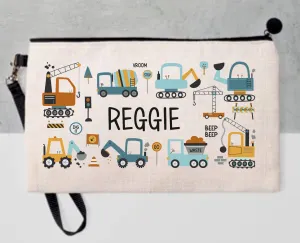 Personalised Digger Pencil Case, Make up Bag, School Kids Linen - I Love Diggers - Construction