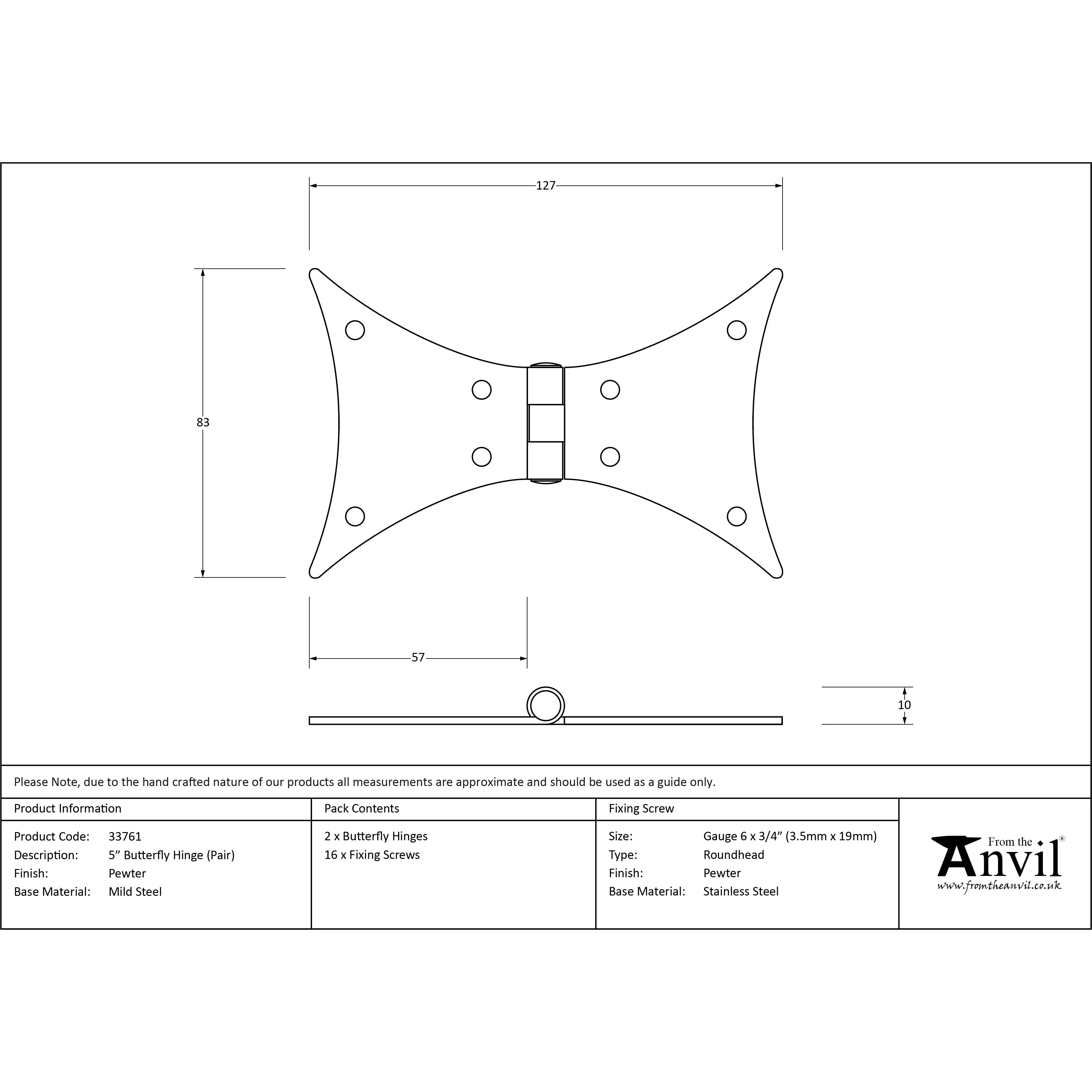 Pewter 5" Butterfly Hinge (pair) | From The Anvil